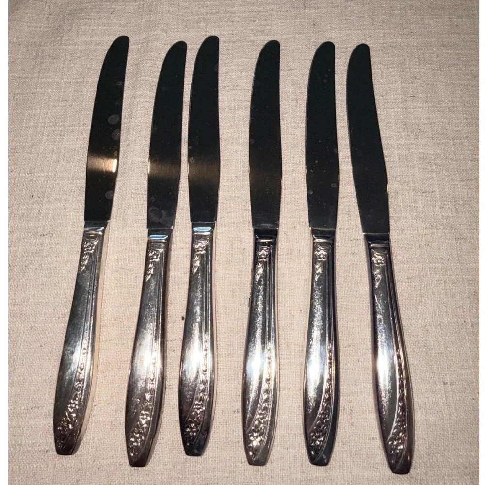 Oneida Damask Rose Silverplate Dinner Knives Stainless Blades Set of 6 Vintage